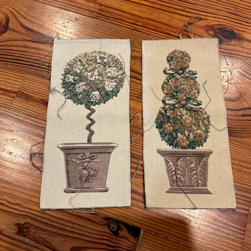 Vintage Woven Tapestry Panels Pair Garden‎ Topiary Floral Botanical Art 6x13"
